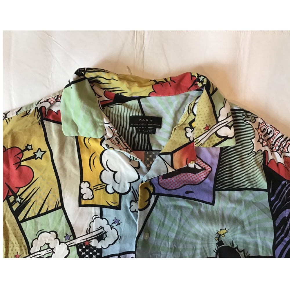 Zara Man Comic Book Pop Art Print Shirt Relaxed Fit Short Sleeve Multicolor M - Picture 2 of 4